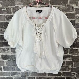J. Crew University terry short-sleeve lace-up shirt white sweater